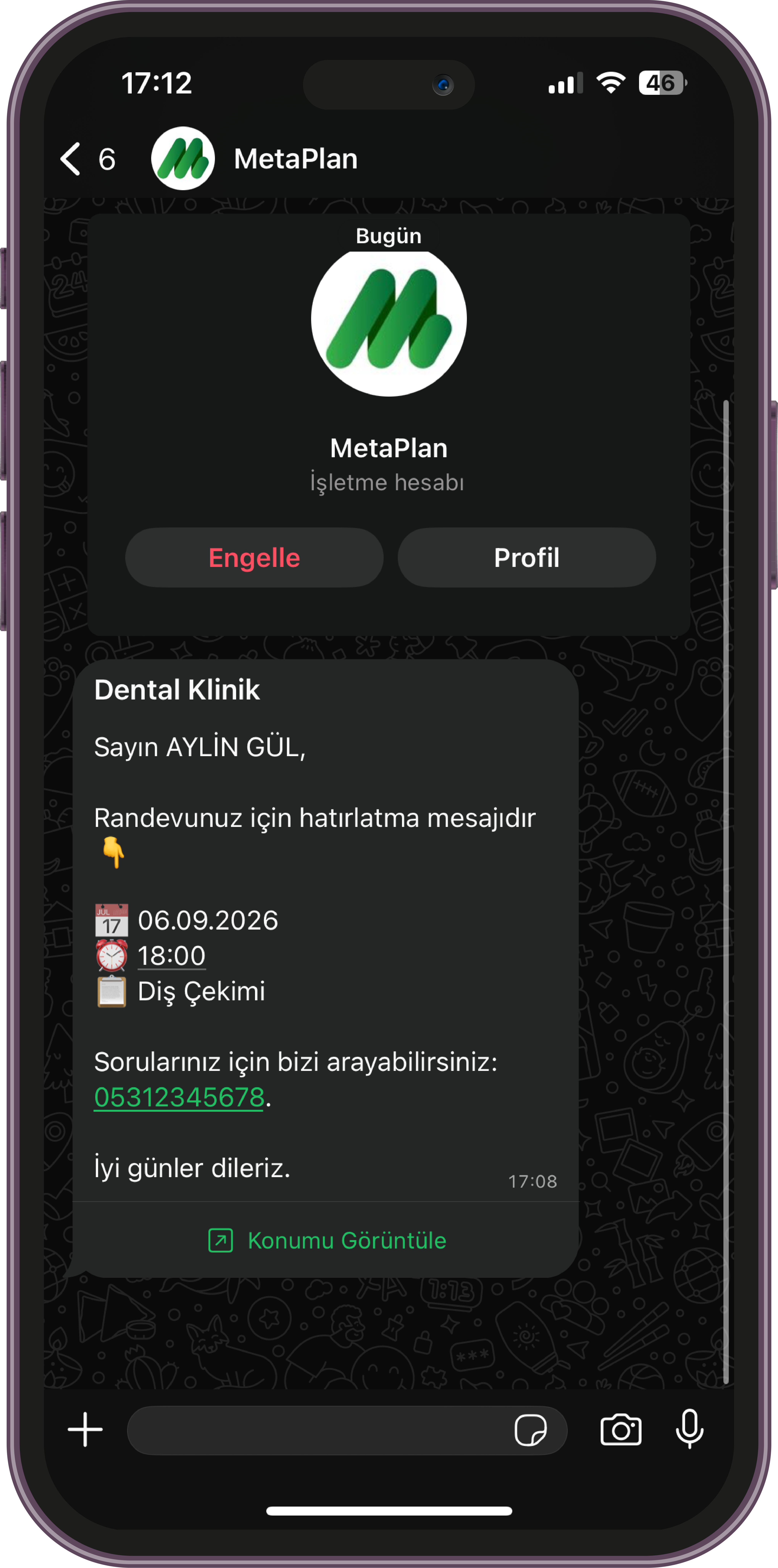 Otomatik WhatsApp randevu hatırlatma mesajı